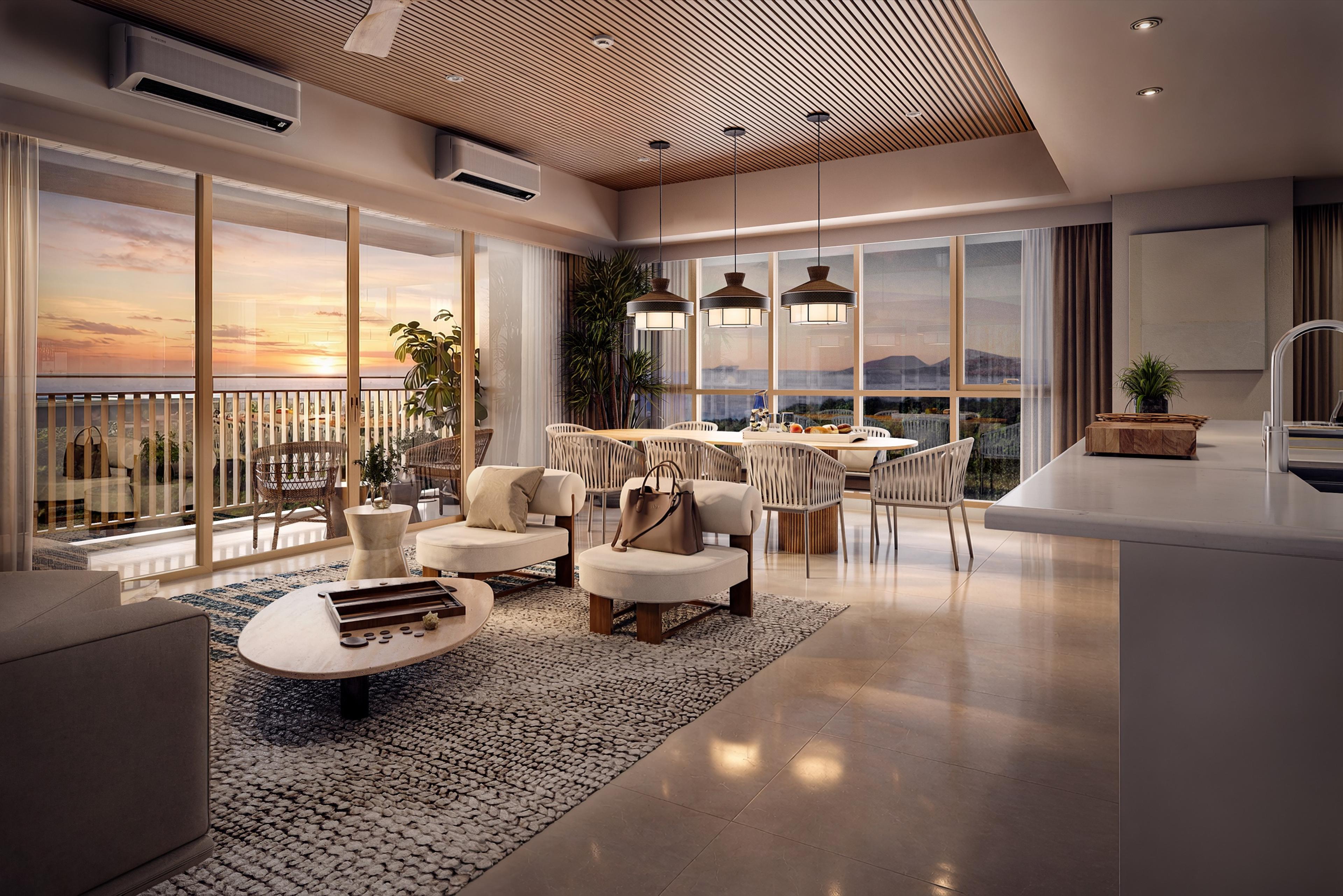 Render of a Searidge Residences two-bedroom premium living and dining area, opening to a balcony with a sunset view over the sea