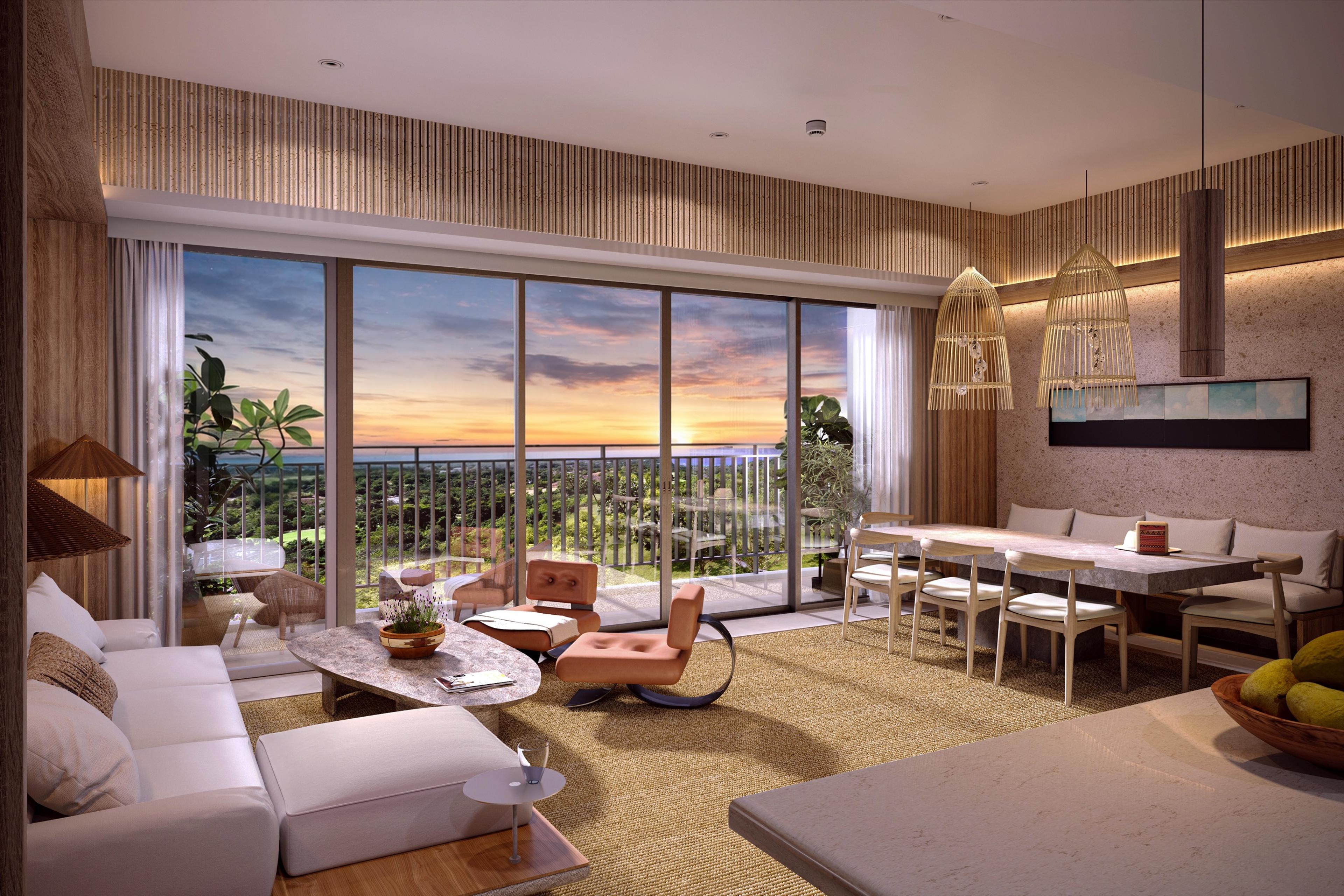 Render of a Searidge Residences two-bedroom living room, with a wide balcony and floor-to-ceiling glass looking out to greenery