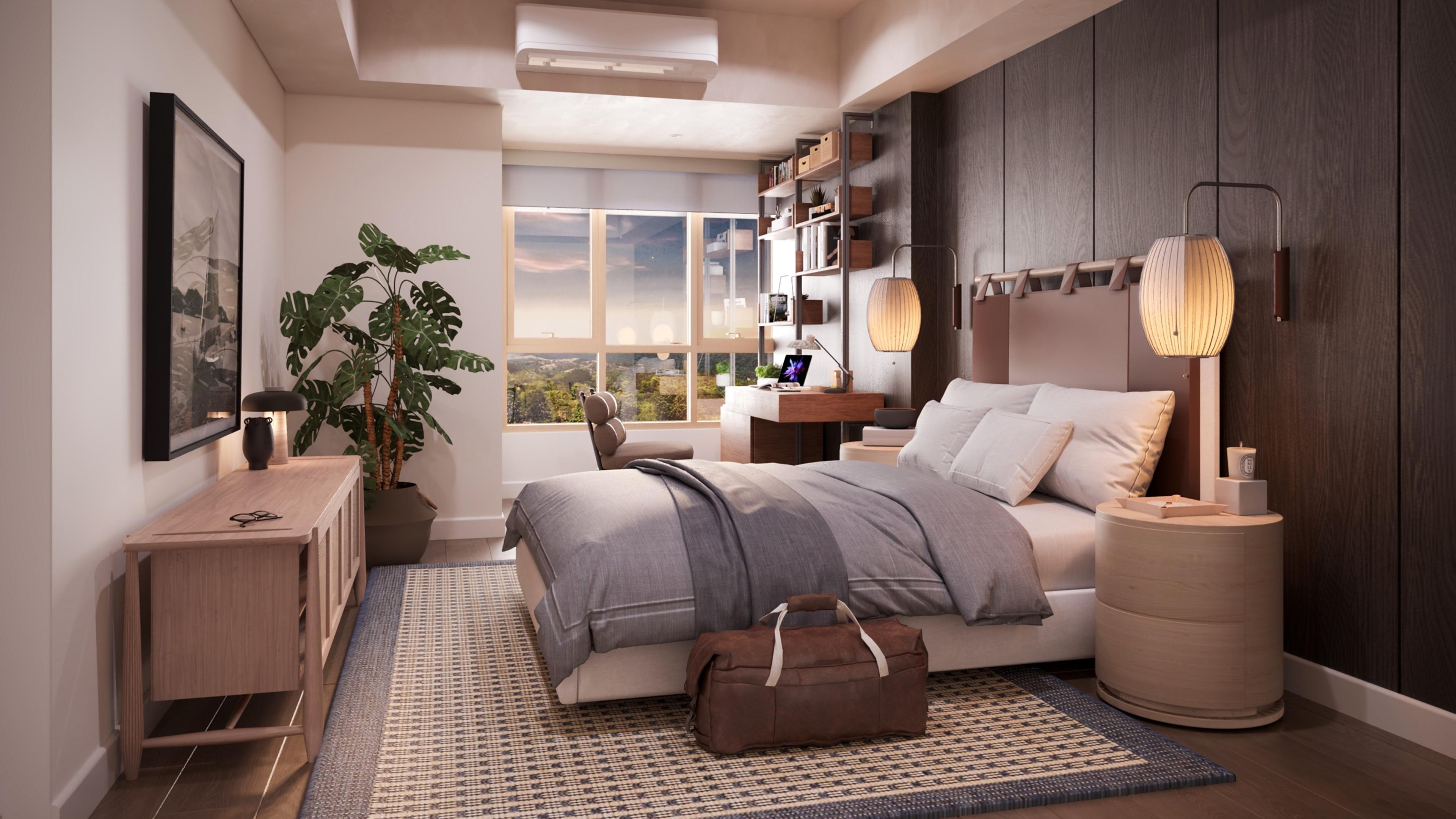 Render of a Searidge Residences one-bedroom premium bedroom, warmly furnished with a study nook beside a window over the treetops