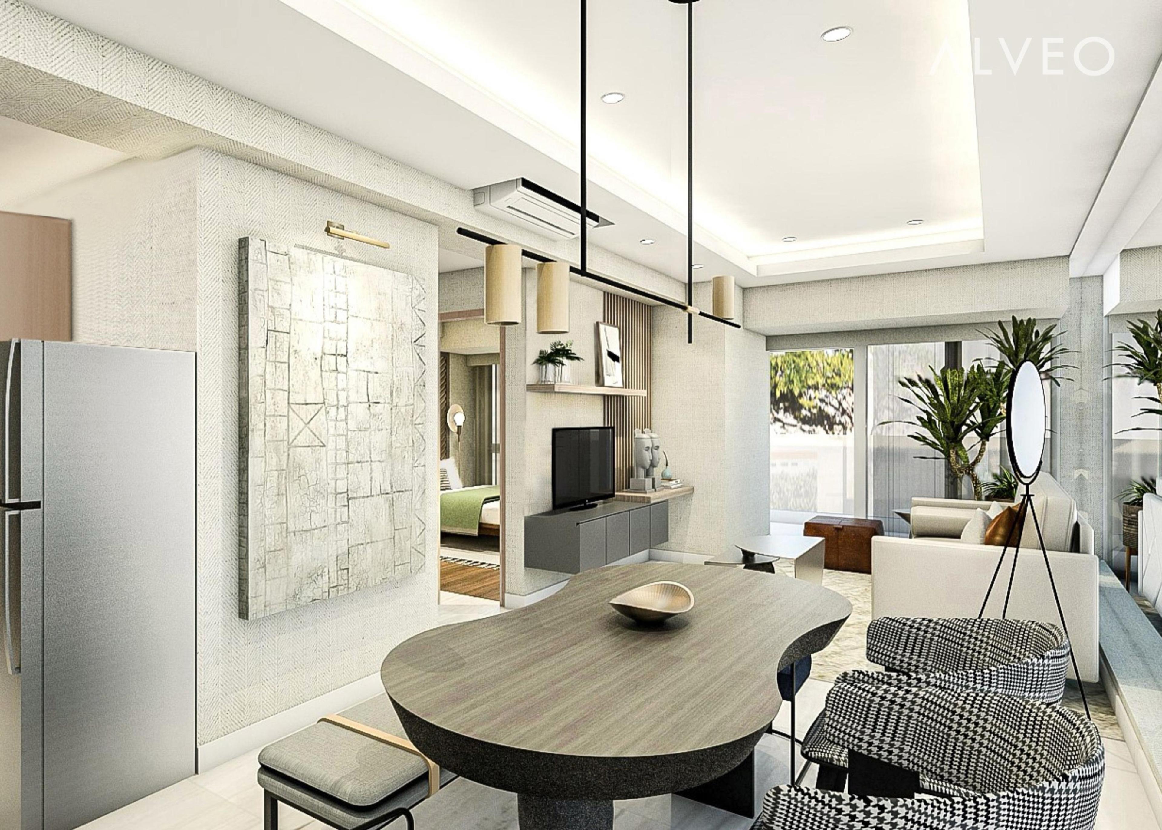 Render of a two-bedroom unit living and dining area at Sentrove, Quezon City