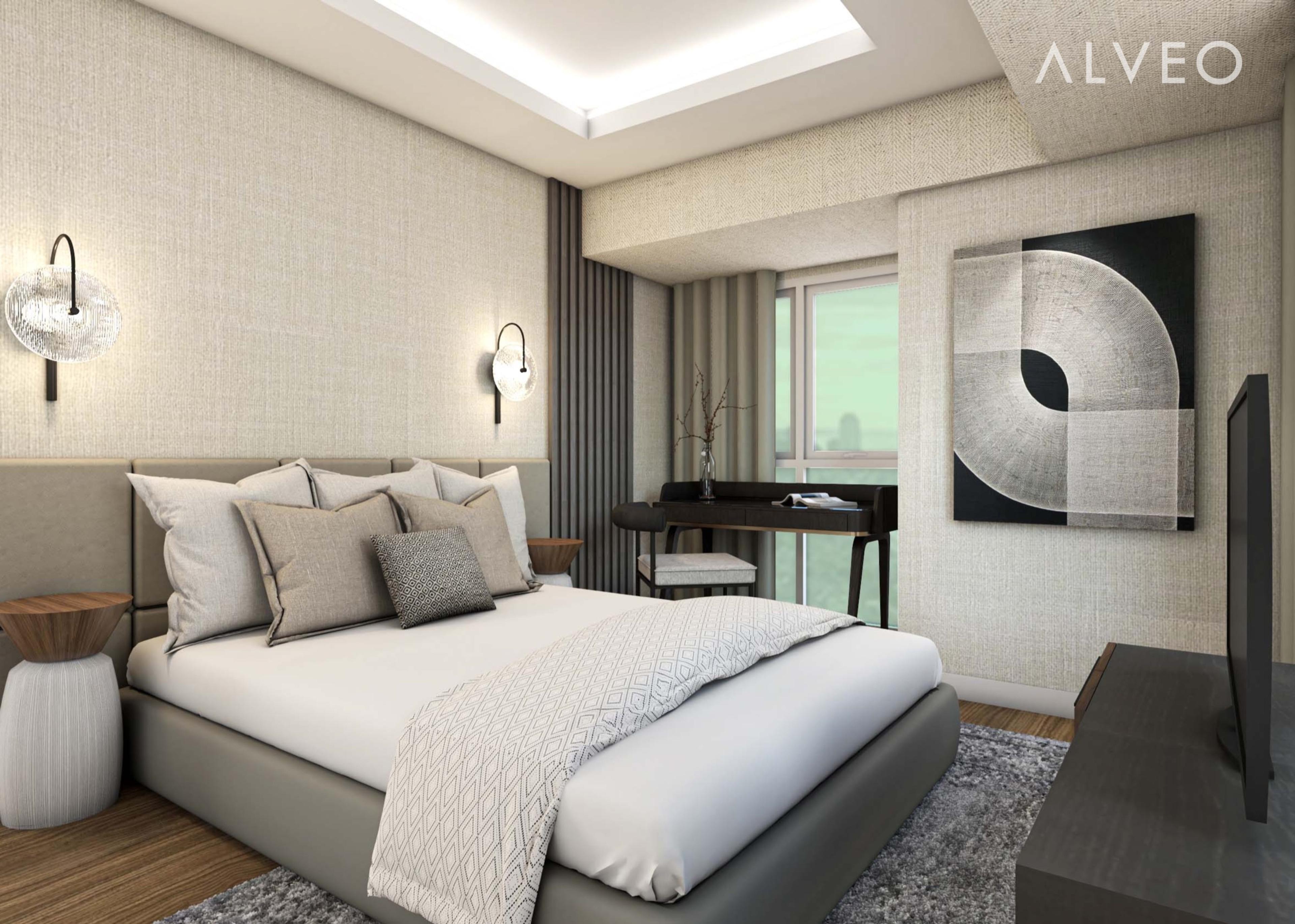 Render of a two-bedroom unit master bedroom at Sentrove, Quezon City
