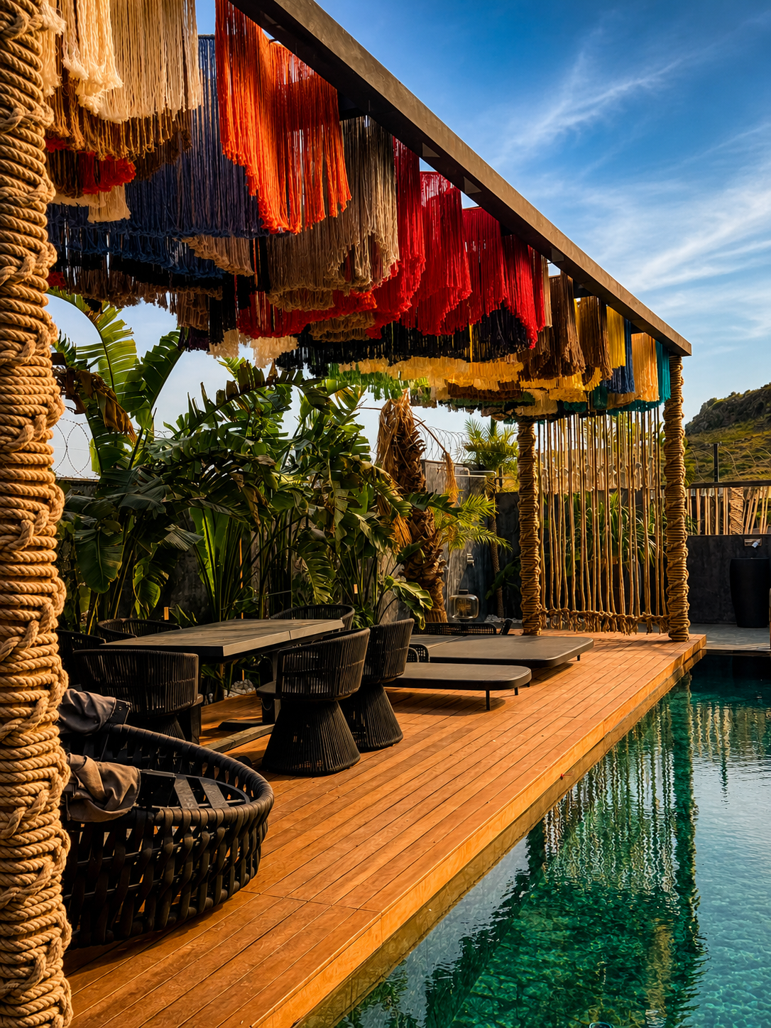 A close angled view beneath red and gold fringe panels beside a rope-wrapped pergola post at a private residence.