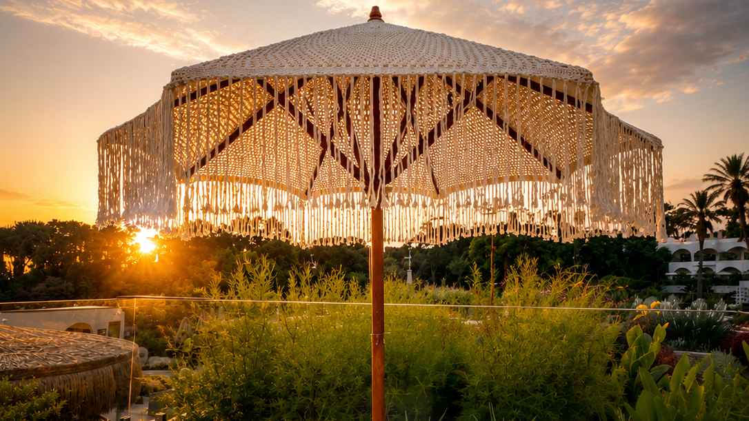 Dimare handwoven macramé fringe parasol at Adalya Bliss glowing against an Antalya sunset