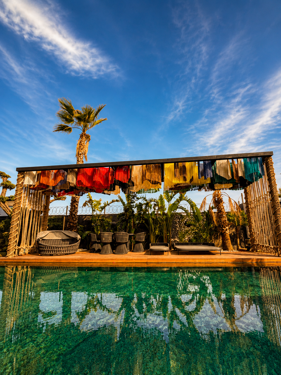 A frontal view of a multicoloured fringed pergola and rope-wrapped posts reflected in a swimming pool at a private residence.