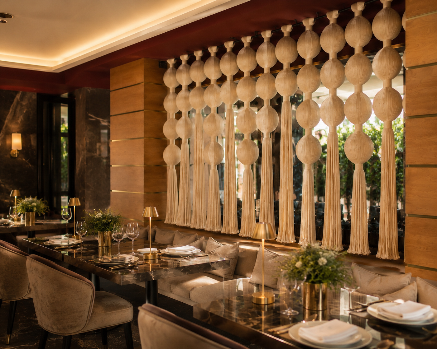Cream rounded textile forms and long tassels across a restaurant window above set dining tables at MC Arancia Resort Hotel.