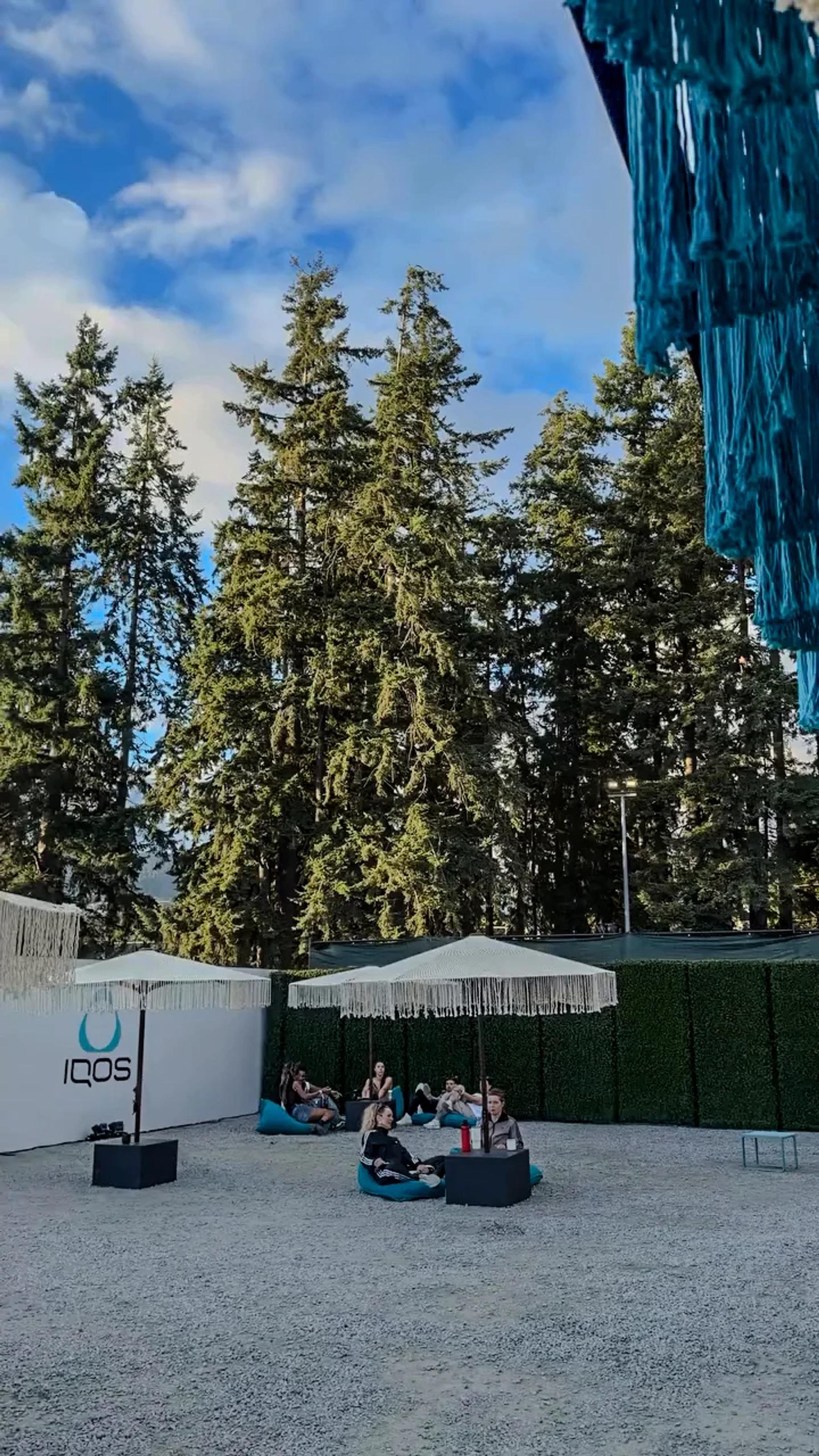 IQOS activation beneath woven panels and surrounding trees