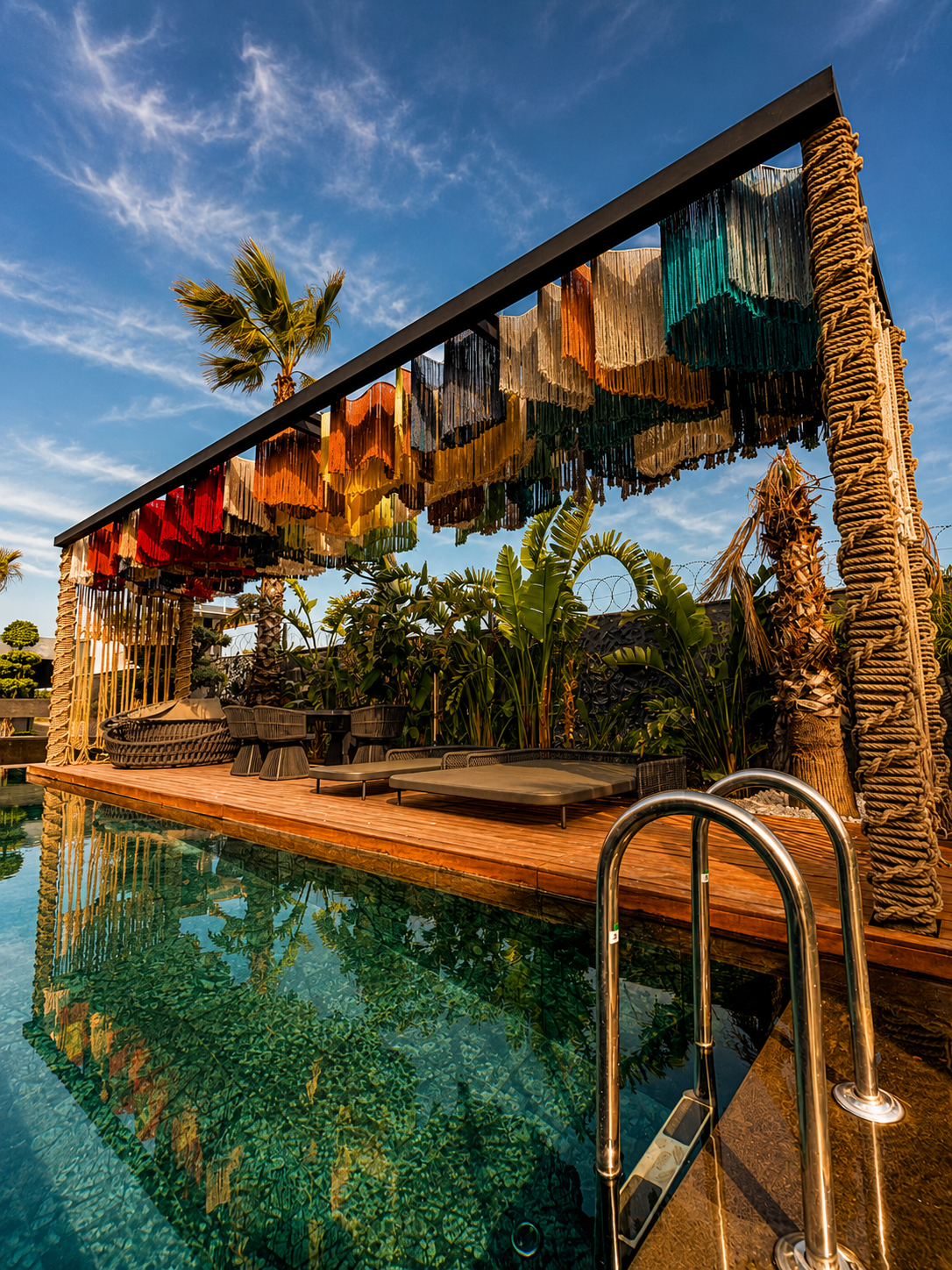 A poolside lounge beneath multicoloured fringe panels, seen beside a swimming-pool ladder at a private residence.