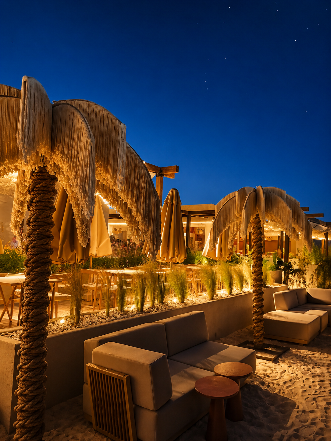 Illuminated Dimare Palm Trees beside lounge seating on the sand at Adalya Bliss after dark.