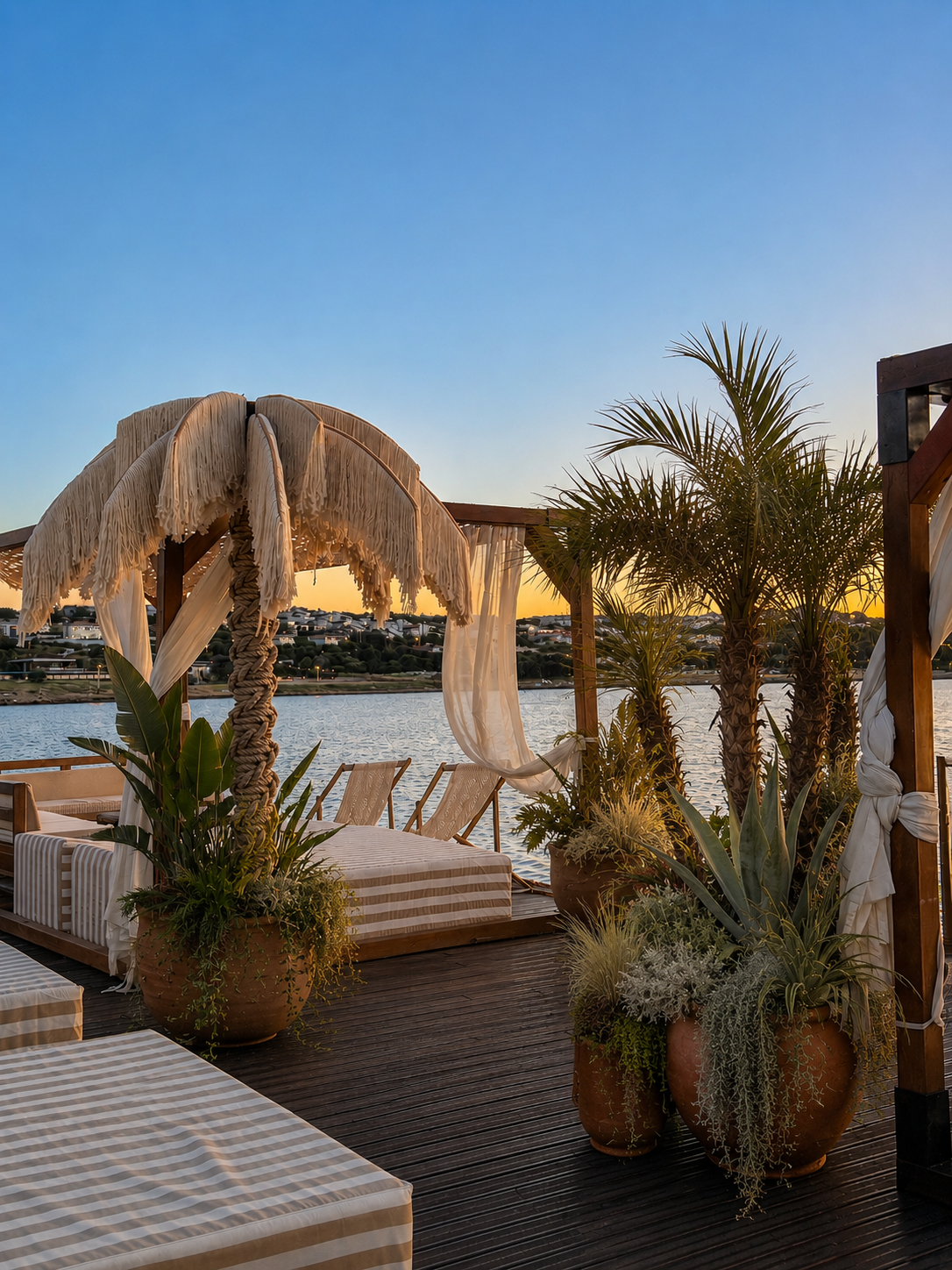 A Dimare Palm Tree beside a draped cabana and potted palms on the waterfront deck at Stage on the Beach.