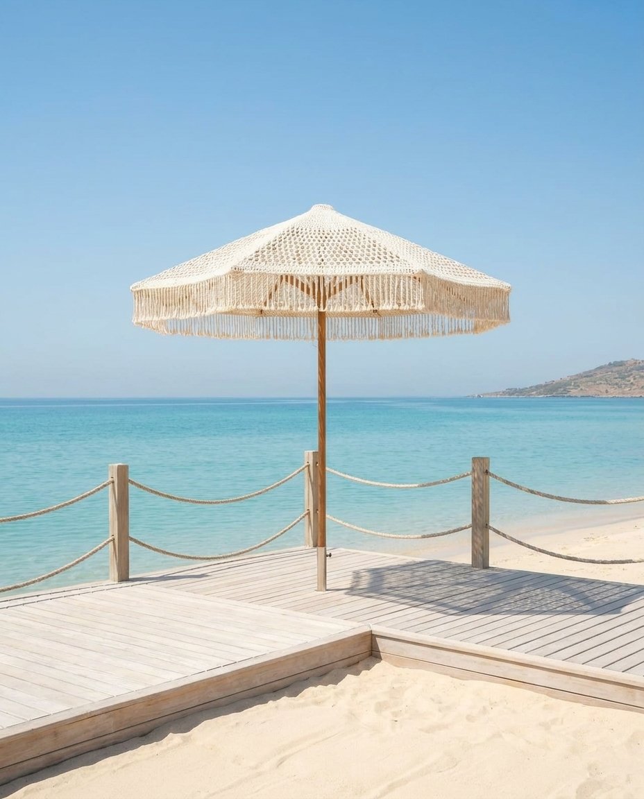 Macramé parasol on a natural timber pole over a beach boardwalk