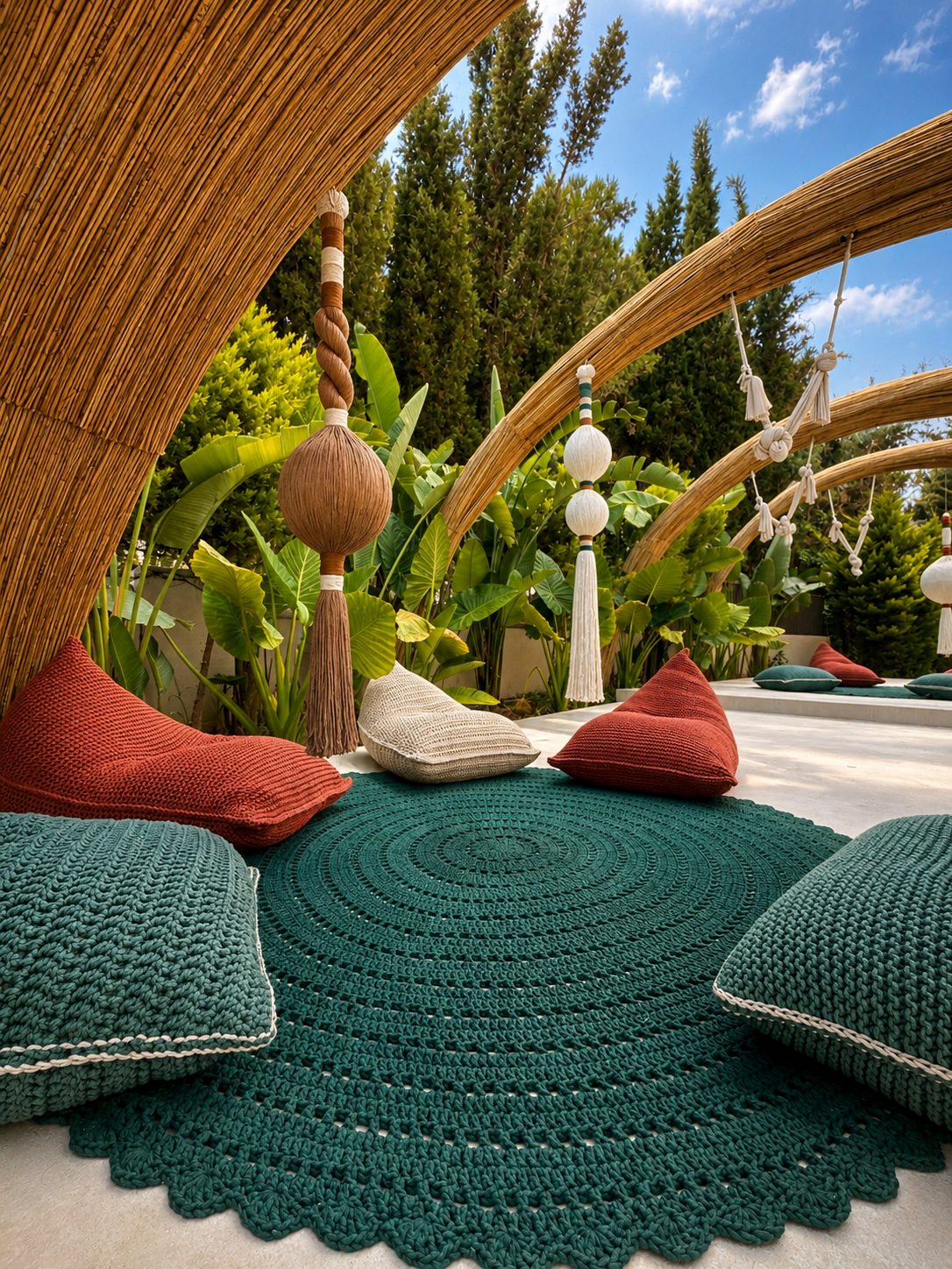 A round green textured rug, woven floor cushions and suspended tassel forms beneath curved arches at Adalya Bliss.