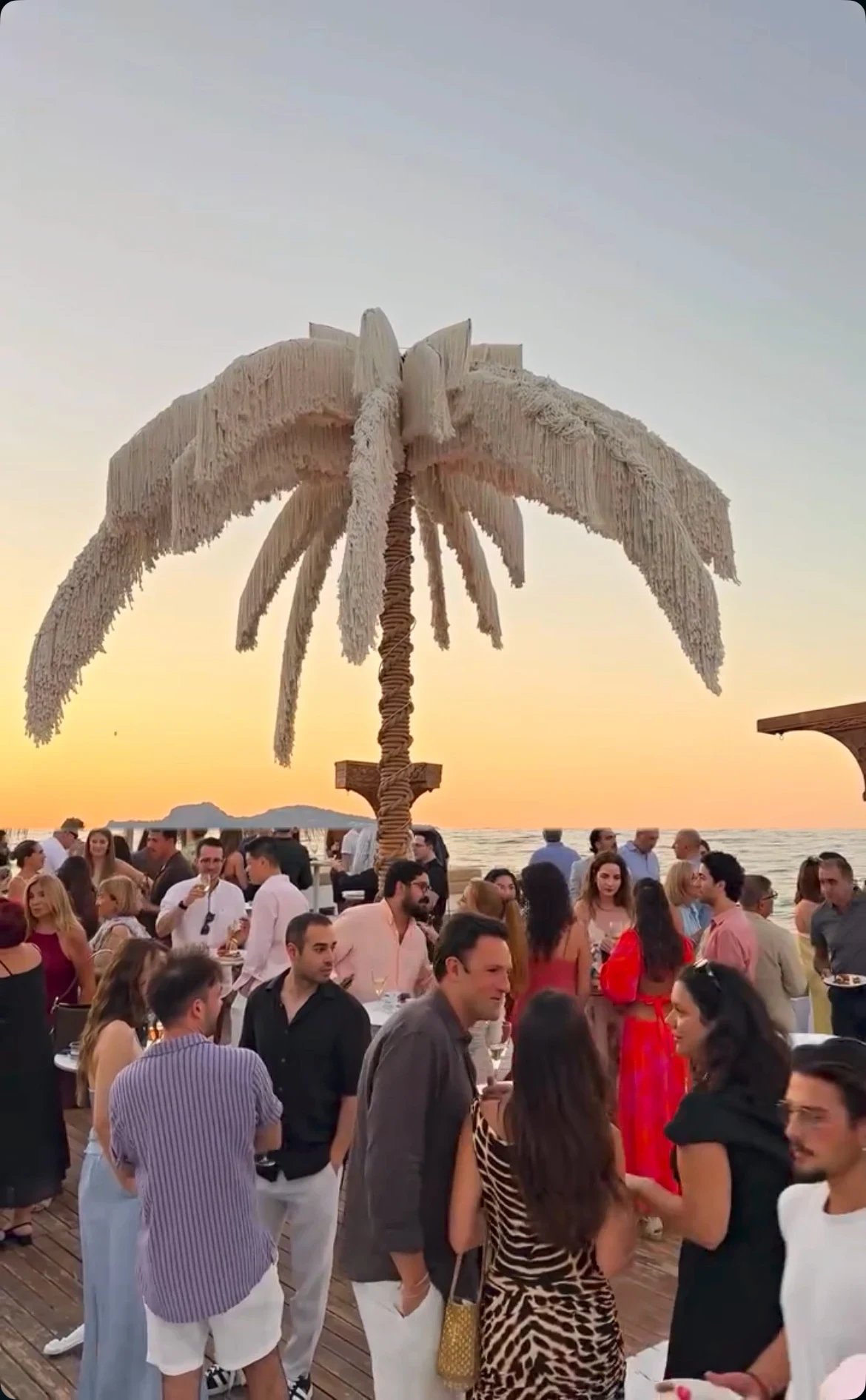 The 8-metre Dimare Palm Tree standing over a full deck at Reana Beach as the sun sets over the bay