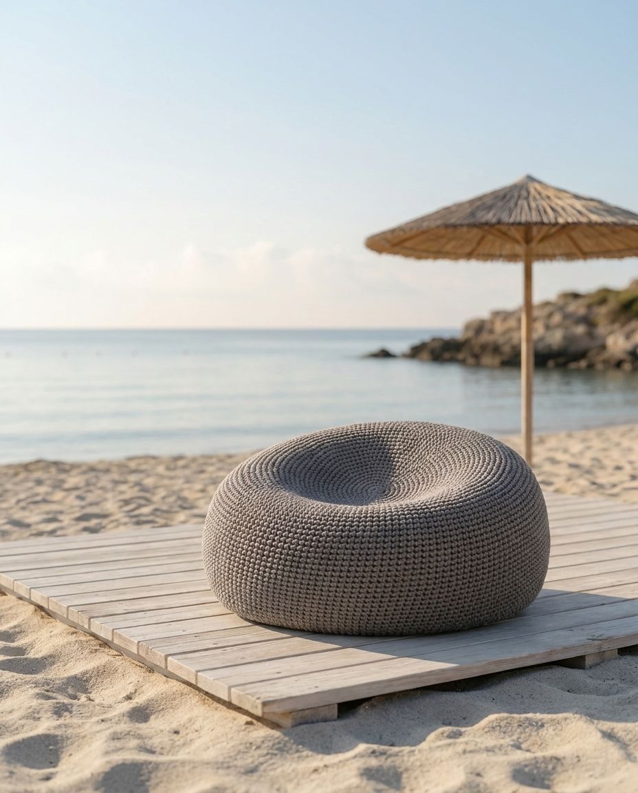 Round Crochet Bean Floor Pouf (Grey)