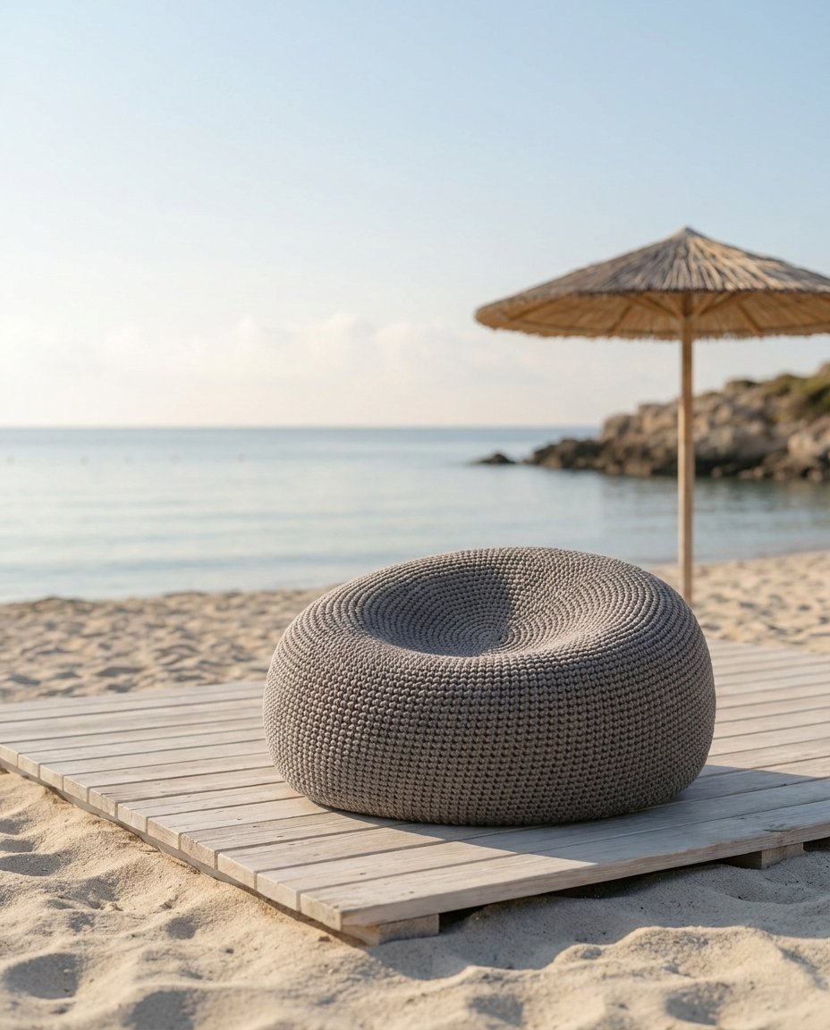 Round Crochet Bean Floor Pouf (Grey)