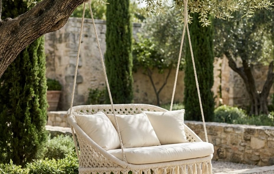 Macramé Two-Seat Bench Swing (DM-SW-002) — handcrafted by Dimare Design