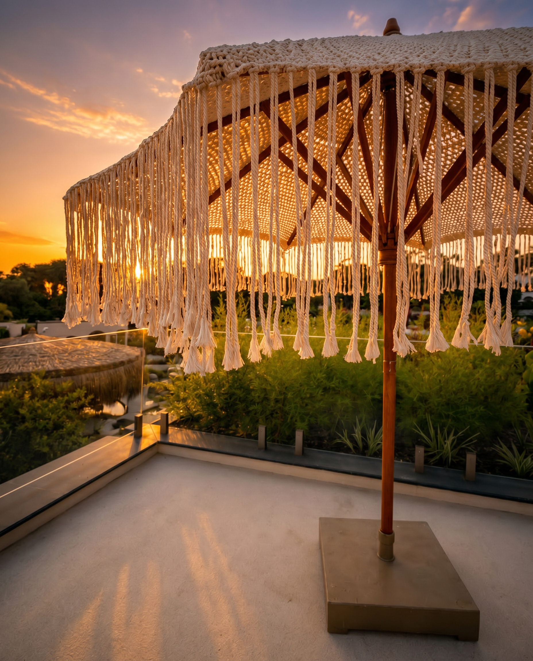 A cream fringed parasol on a pale terrace at sunset, with planting behind it at Adalya Bliss.