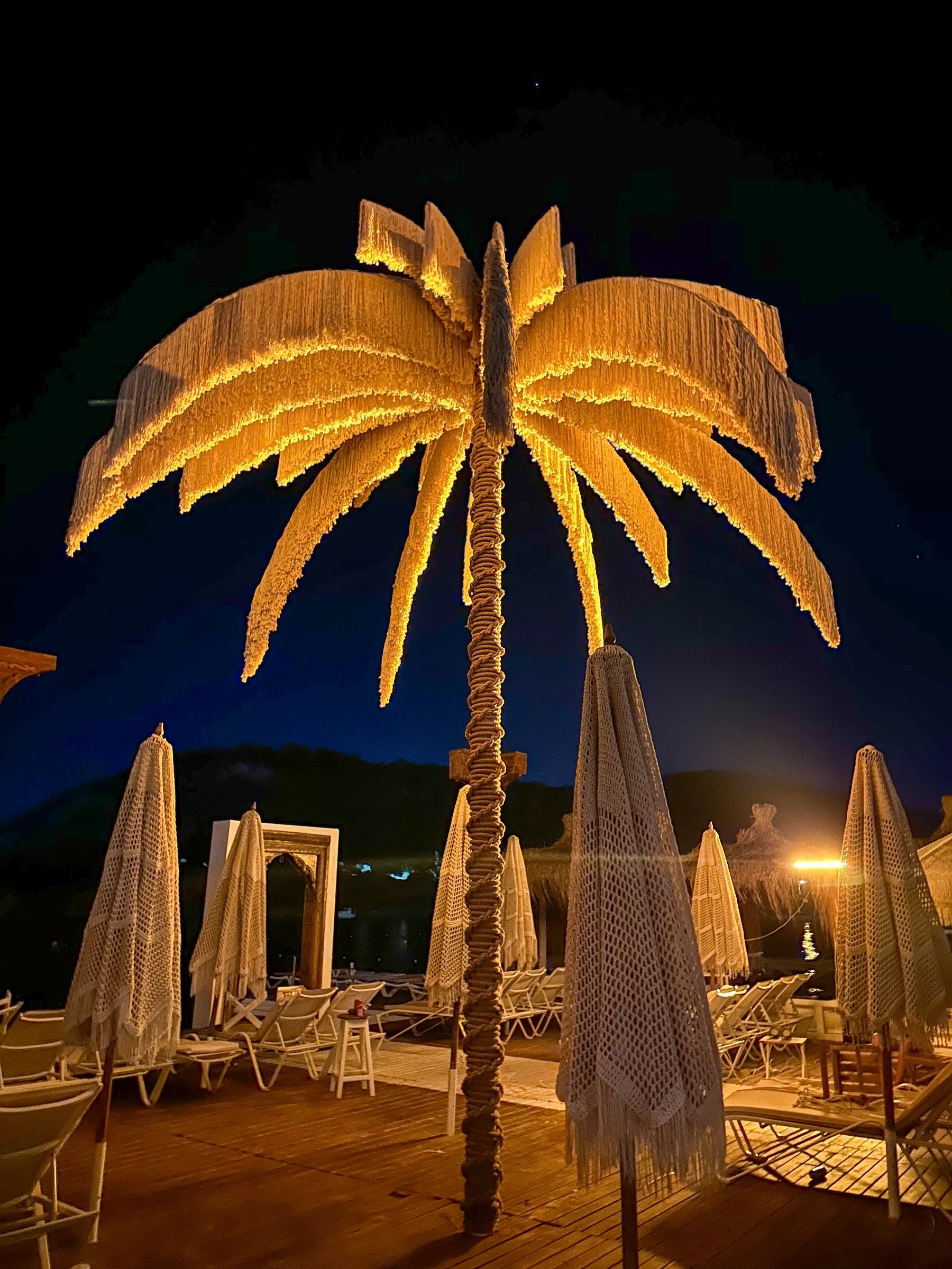 The Dimare Palm Tree at Reana Beach lit gold from below after dark, its fringed fronds glowing over the empty deck