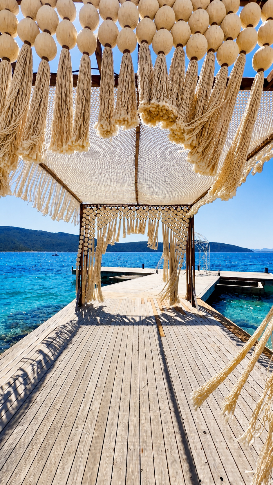 View along a timber jetty beneath cream canopies edged with rounded forms and long tassels at TUI Magic Life Bodrum.
