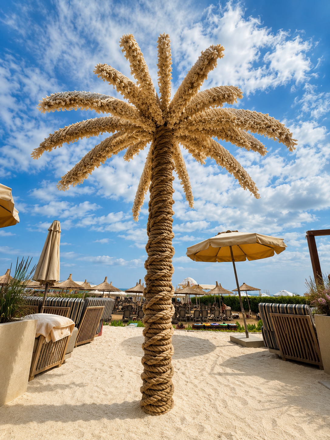 Dimare Palm Tree centrepiece at the Adalya Bliss beach club under a blue sky