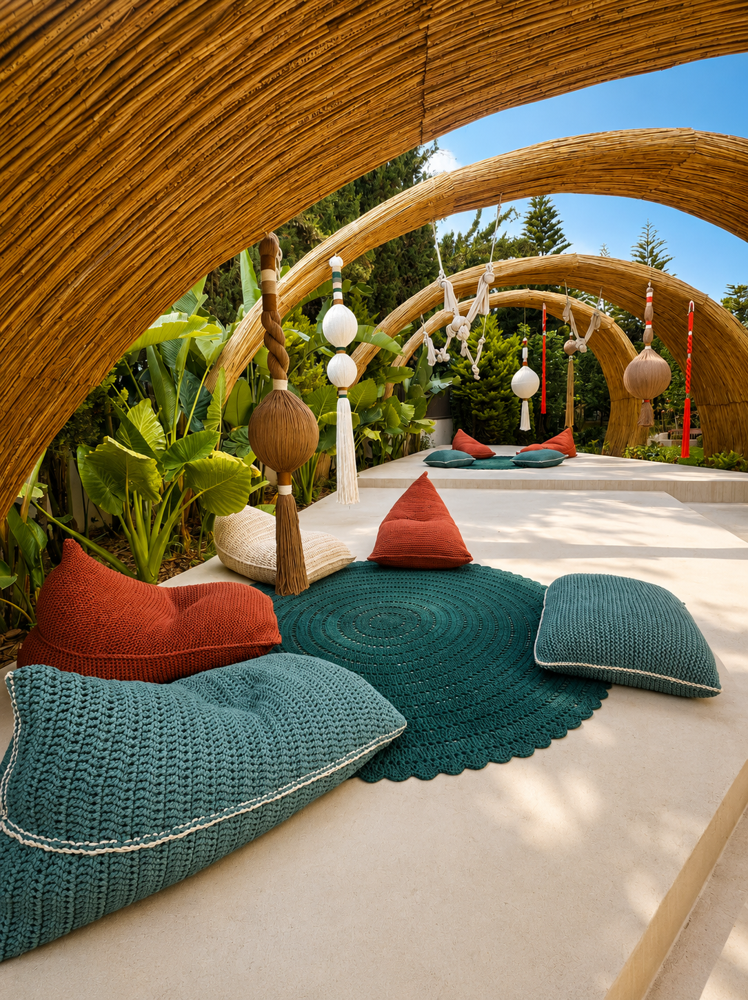 Curved covered arches above woven floor cushions, a round green rug and suspended tassel forms at Adalya Bliss.