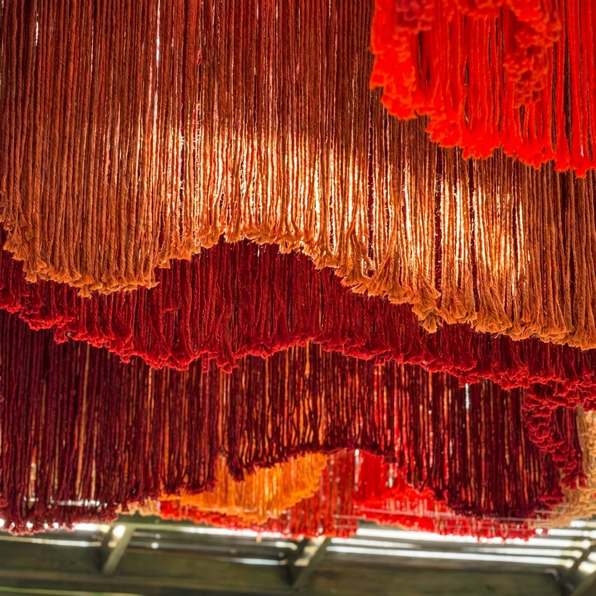 Close view of dense red and copper-toned fringe arranged in overlapping curved edges at MC Arancia Resort Hotel.