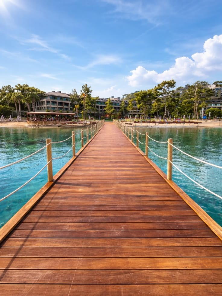 A long timber jetty with rope-wrapped posts and two lines of rope on either side at NG Phaselis Bay.