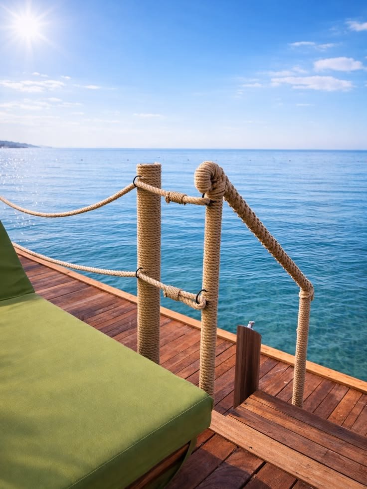 Close view of a rope-wrapped post and hand-finished rope junction beside a sun lounger at NG Phaselis Bay, 2026
