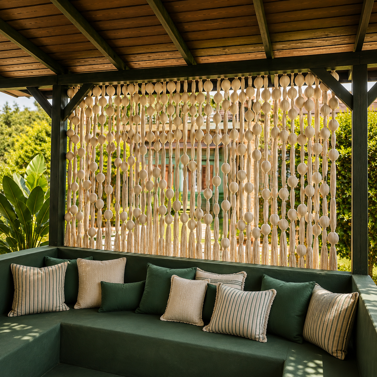 A cream patterned textile screen behind a green banquette in an open-sided garden pavilion at MC Arancia Resort Hotel.