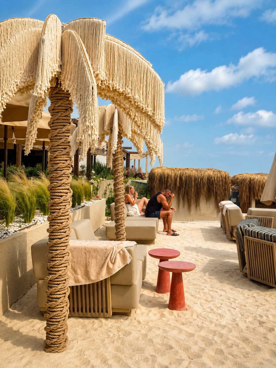 Dimare Palm Trees with rope-wrapped trunks beside cushioned seating on the sand at Adalya Bliss.