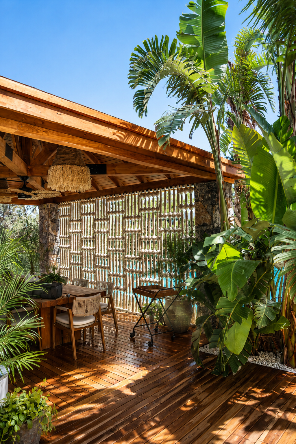 A patterned rope screen along a shaded timber dining terrace surrounded by planting at Vogue Hotel Supreme Bodrum.