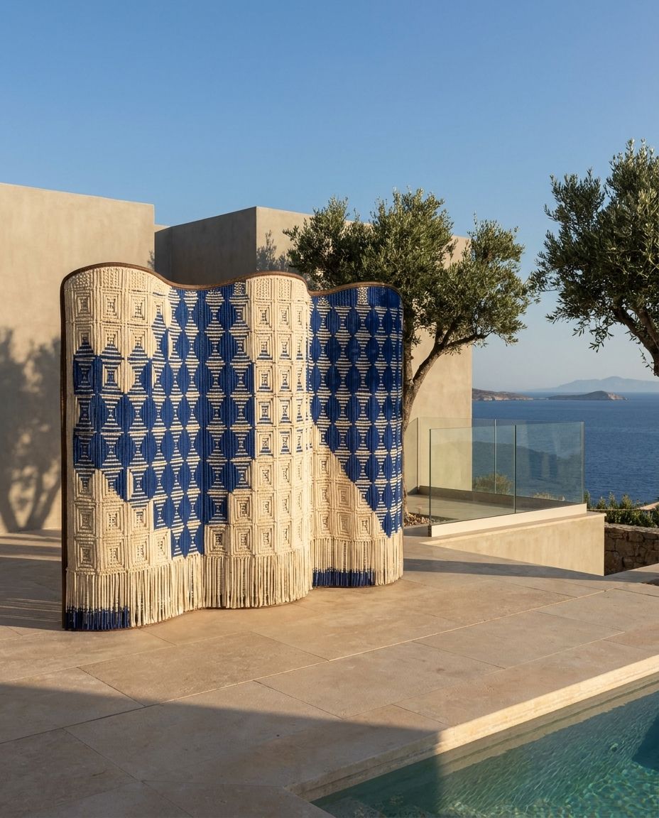 Wavy Blue Geometric Folding Screen