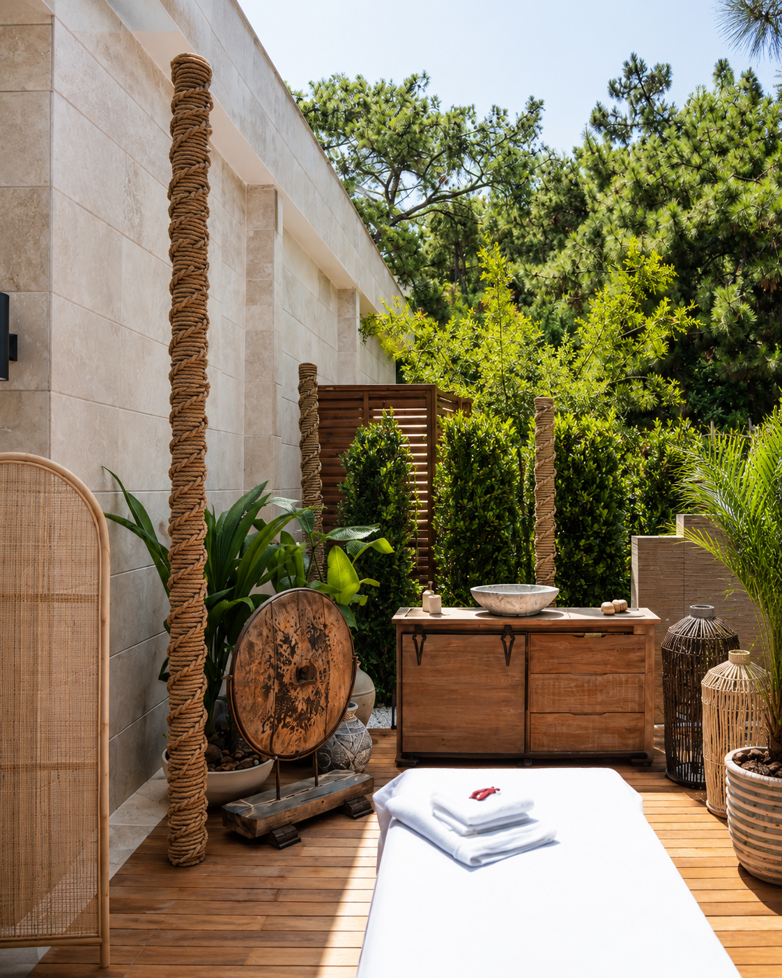 Tall rope-wrapped posts beside an outdoor spa treatment table and timber washstand at Vogue Hotel Supreme Bodrum.