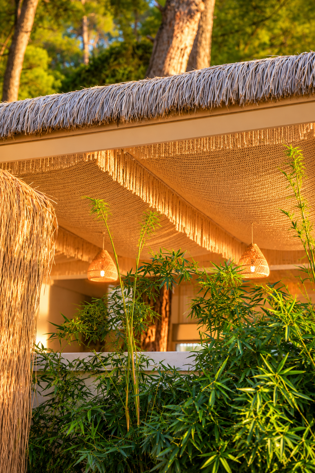 Fringed textile panels beneath a timber canopy, with planting in the foreground at So Beach.