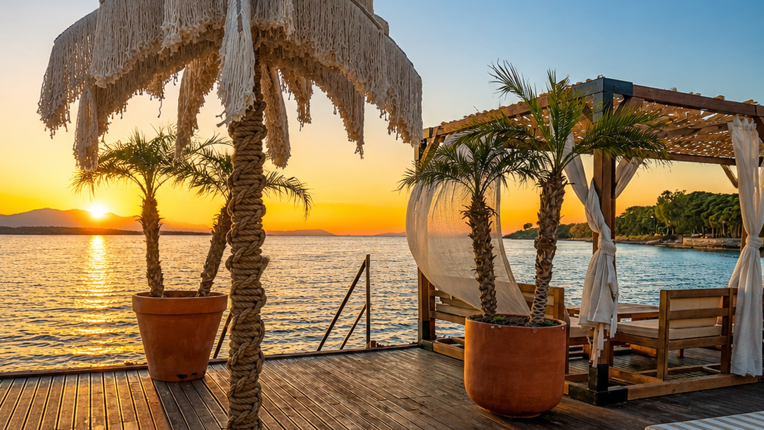 A cream Dimare Palm Tree with a rope-wrapped trunk beside waterfront daybeds at sunset at Stage on the Beach.