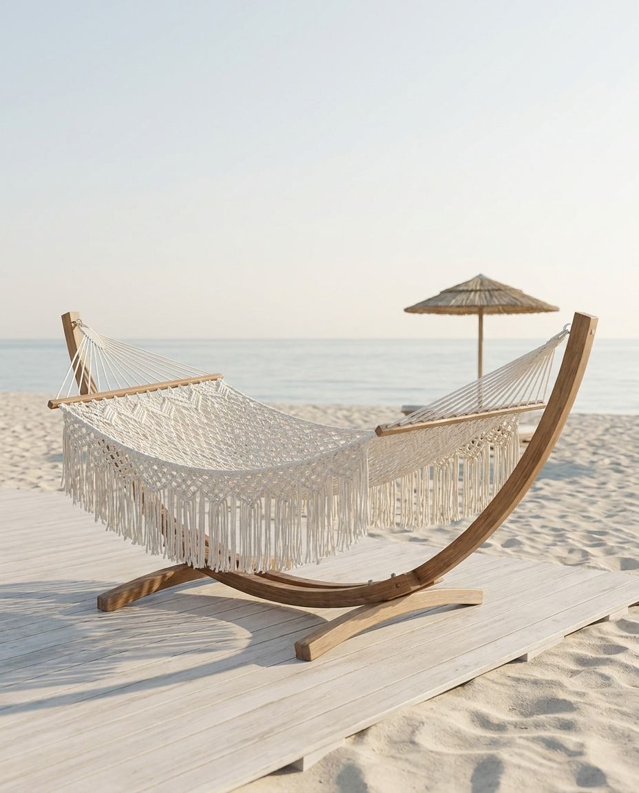 Macramé Beach Hammock with Wood Stand