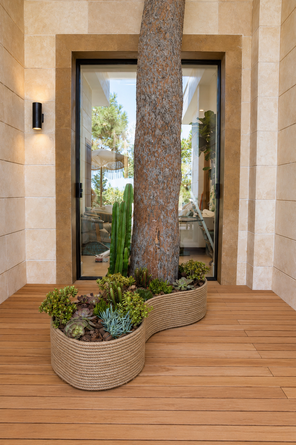 A curved rope-covered planter surrounding a tree trunk on a timber deck at Vogue Hotel Supreme Bodrum.