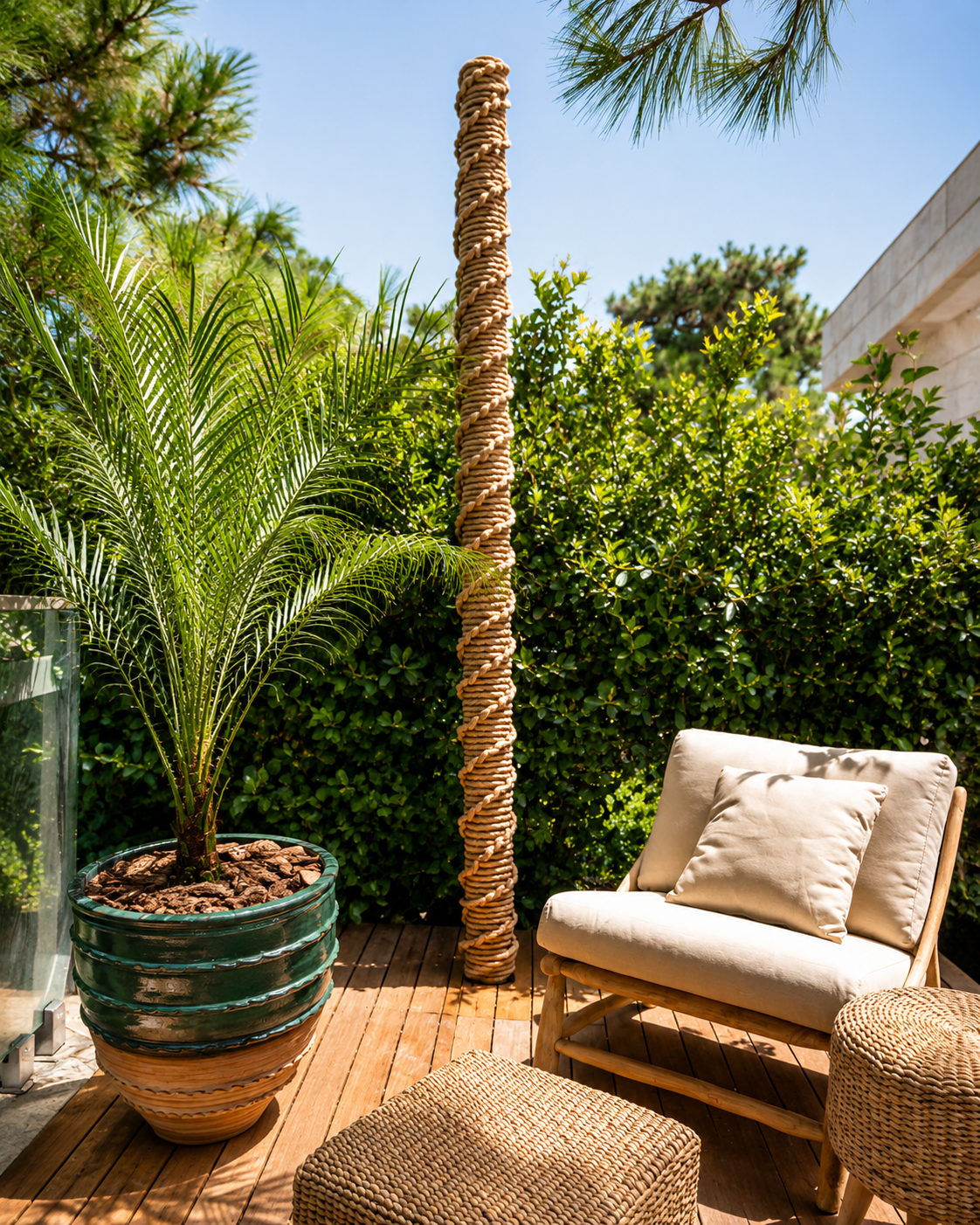 A tall rope-wrapped post beside a potted palm and cushioned chair on a garden deck at Vogue Hotel Supreme Bodrum.