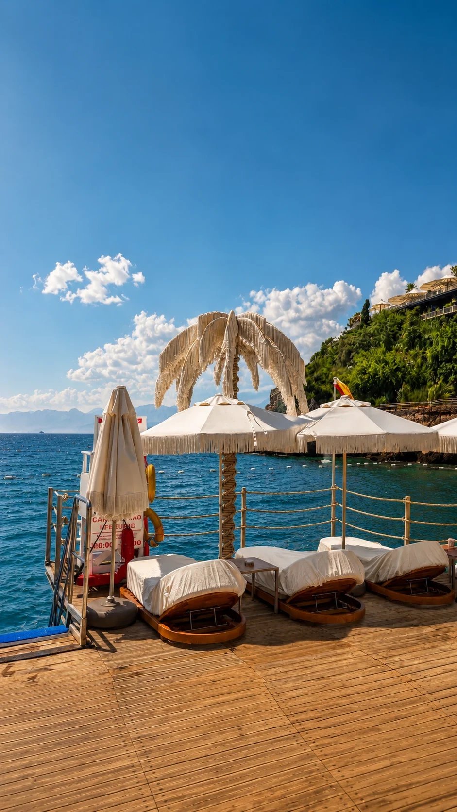 A Dimare Palm Tree on the sea deck at Bilem Beach beneath the cliff, parasols open around it