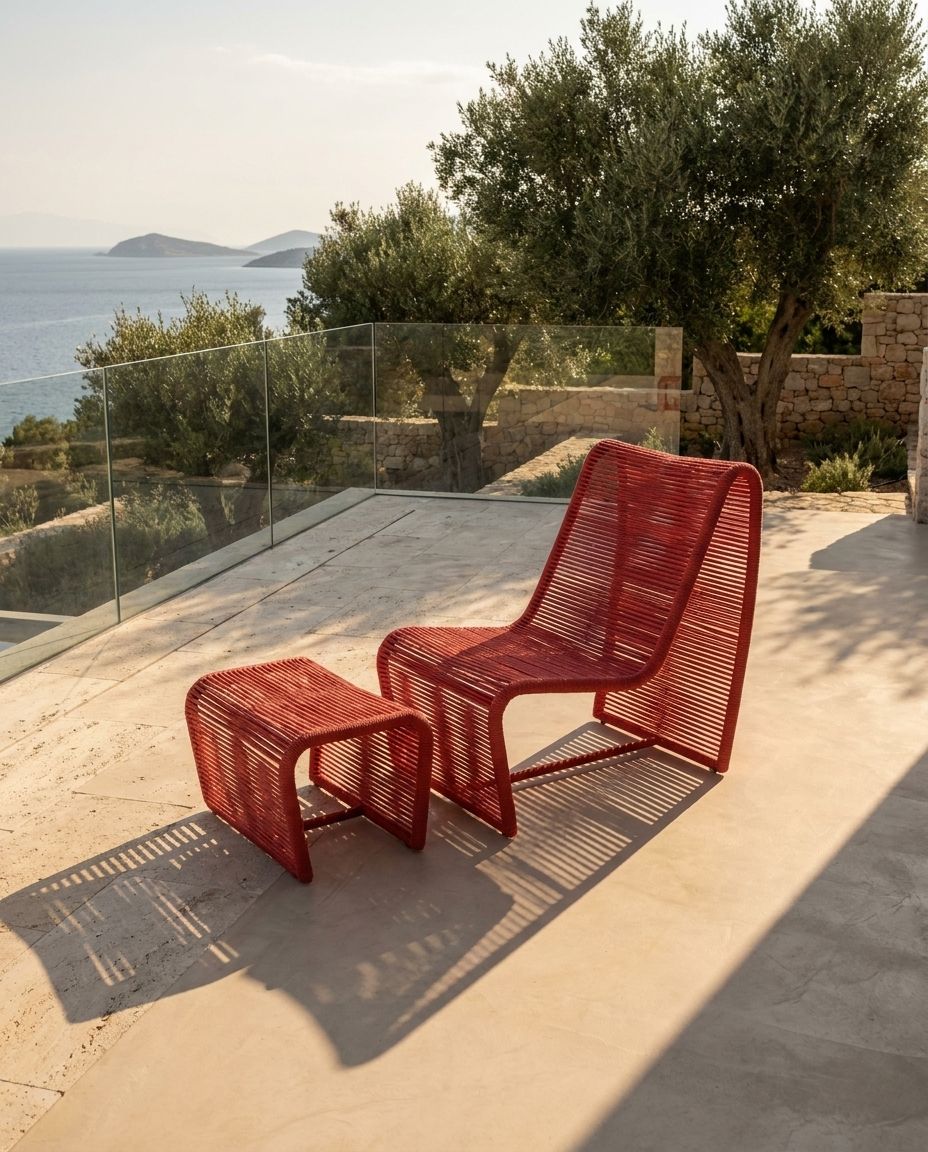 Rope Lounge Chair with Footstool (Coral)