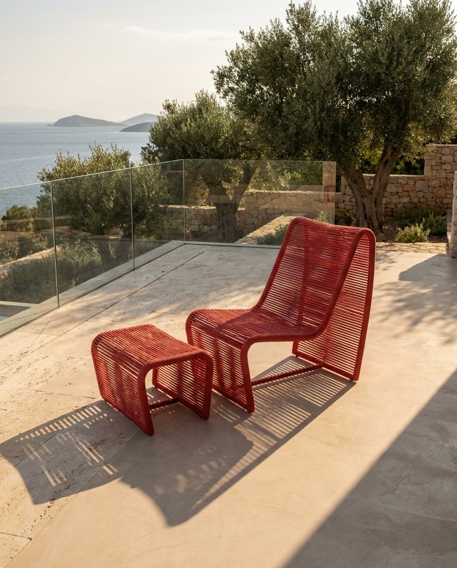 Rope Lounge Chair with Footstool (Coral)