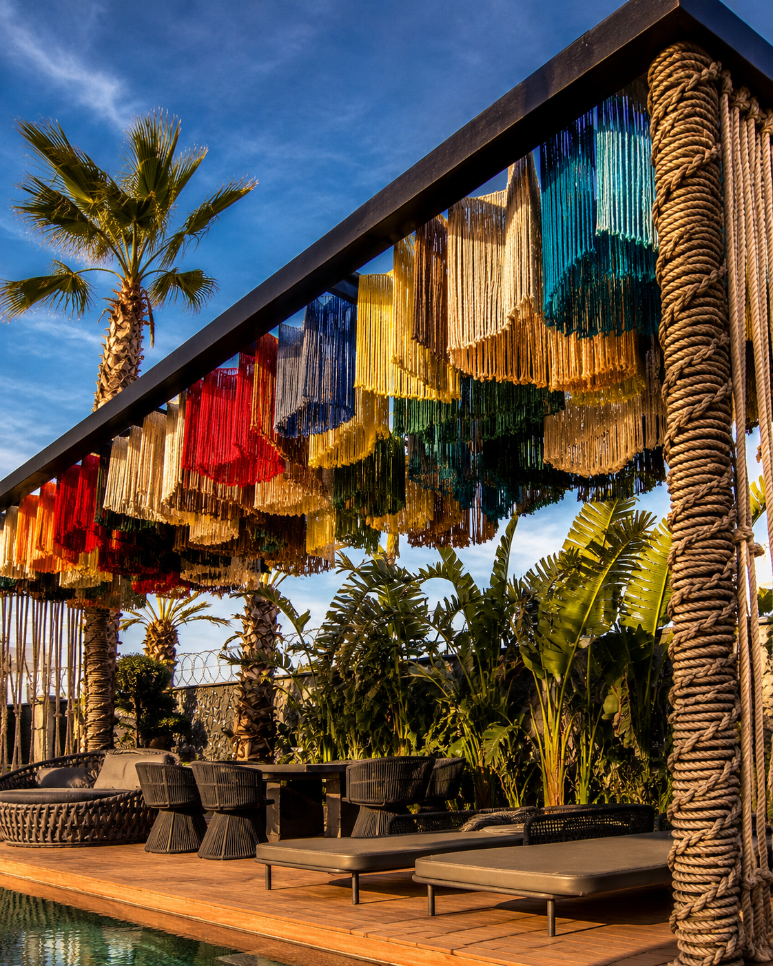 Layers of blue, cream, green and yellow fringe beside a rope-wrapped post above poolside seating at a private residence.