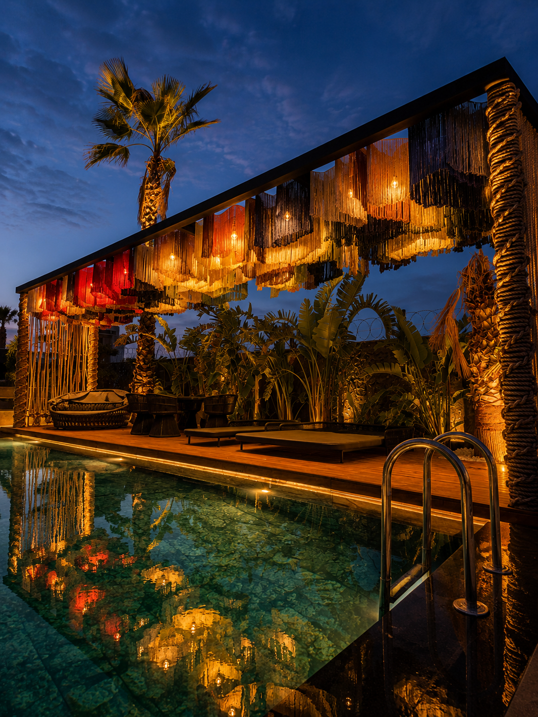 Warm lights among multicoloured fringe above a poolside pergola at blue hour at a private residence.