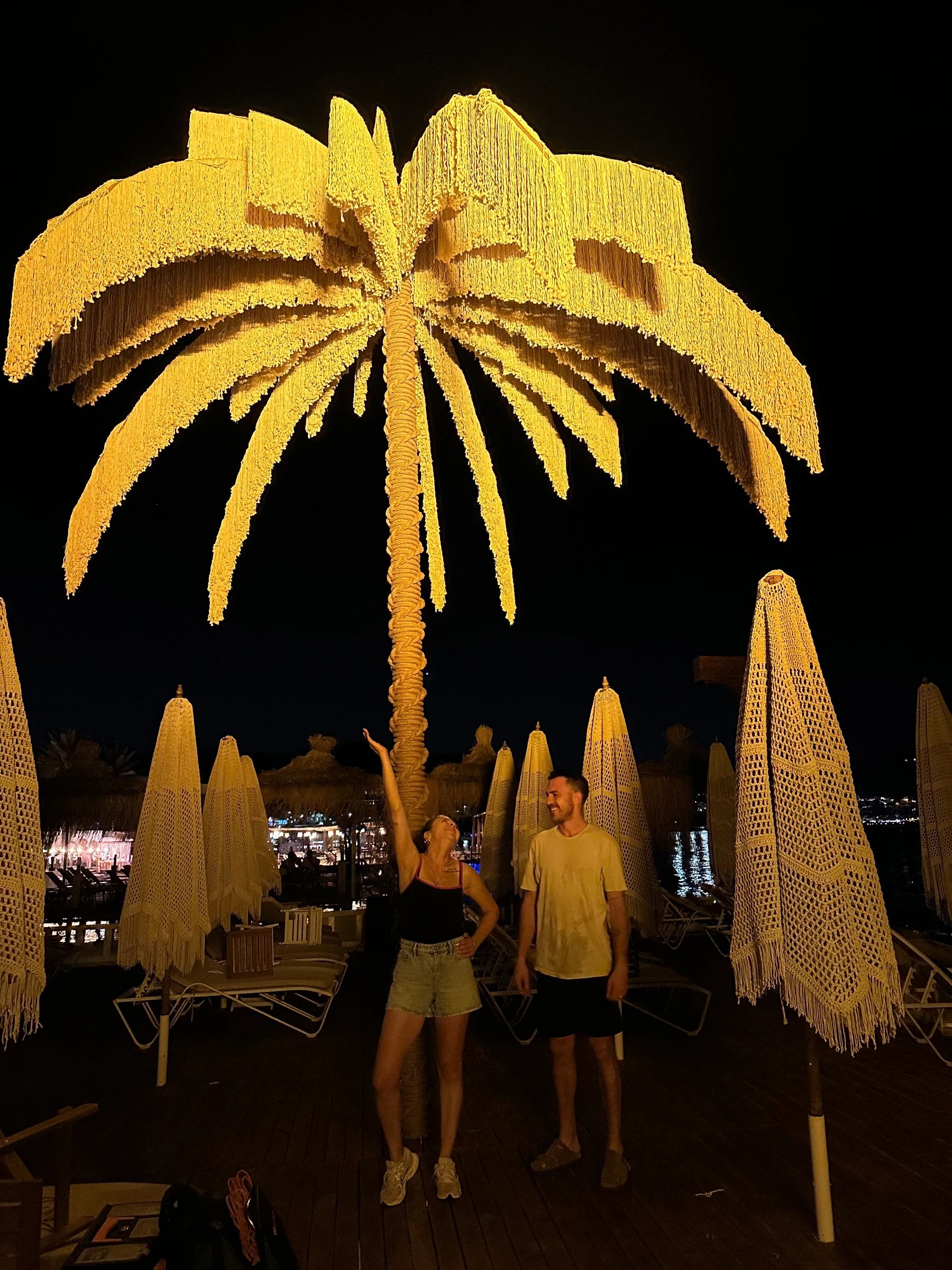 Two people standing beneath an illuminated fringed palm installation at night.