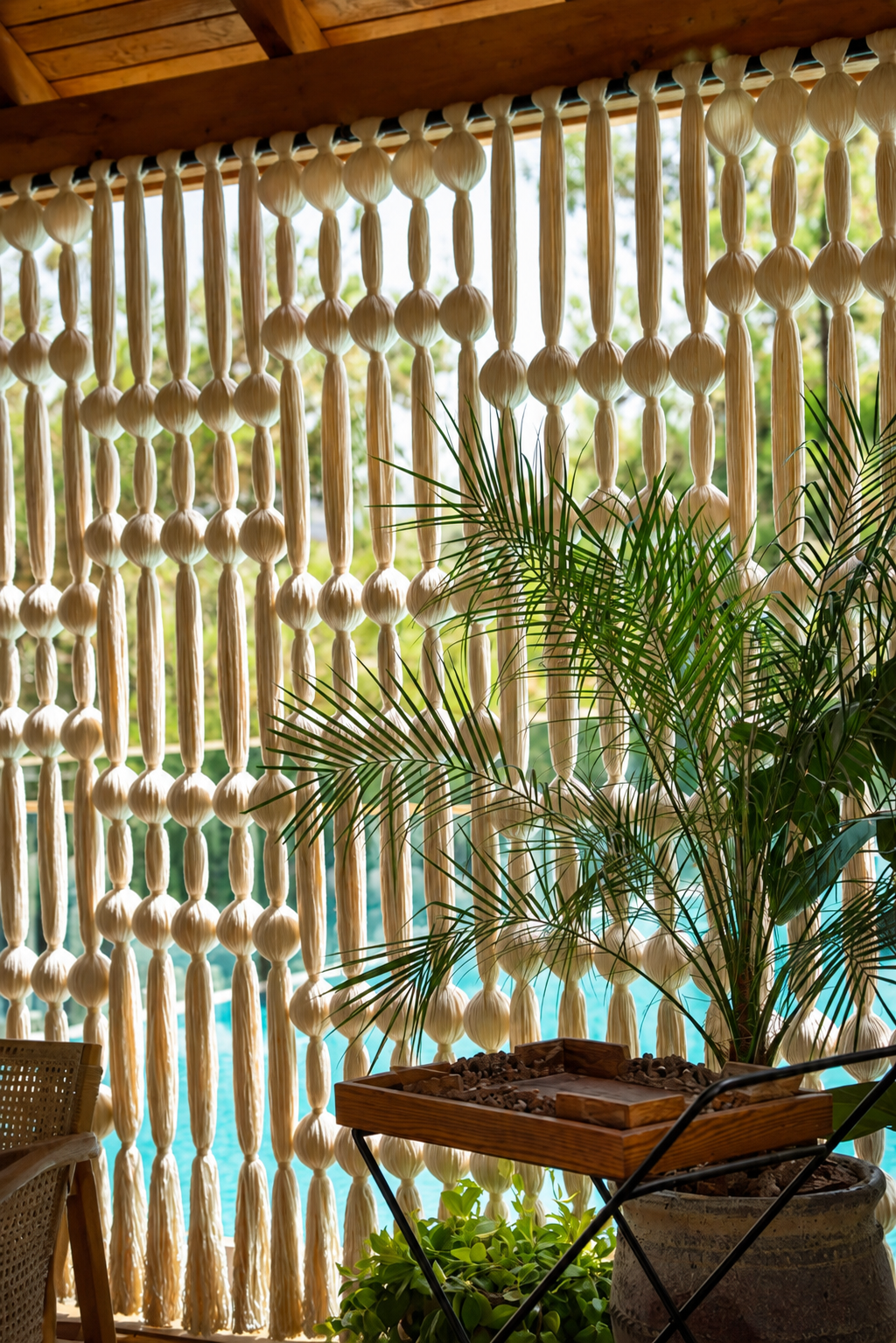 Close view of a cream screen of rounded woven forms and connecting strands, with a palm and the pool beyond at Vogue Hotel Supreme Bodrum.