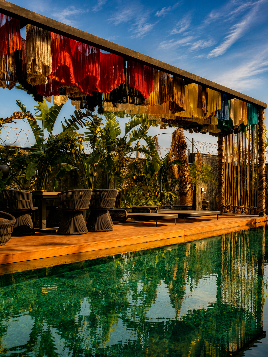 Multicoloured fringe beneath a poolside pergola above low seating, with the canopy reflected in the water at a private residence.