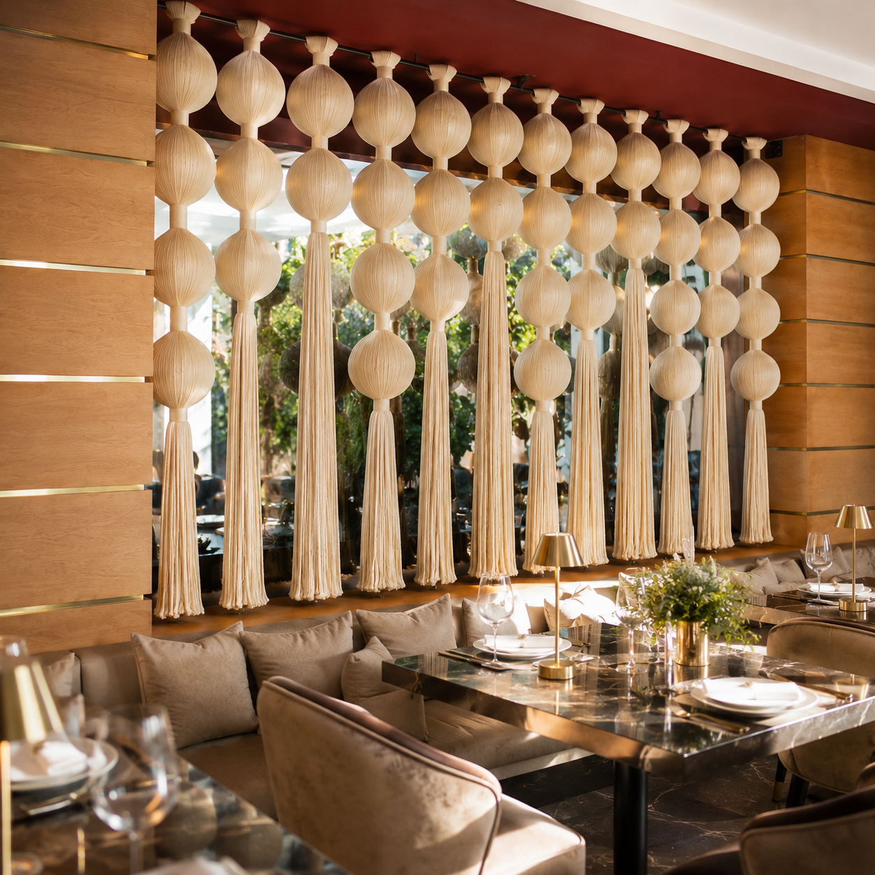 An angled view of cream sphere-and-tassel window decoration beside upholstered restaurant seating at MC Arancia Resort Hotel.