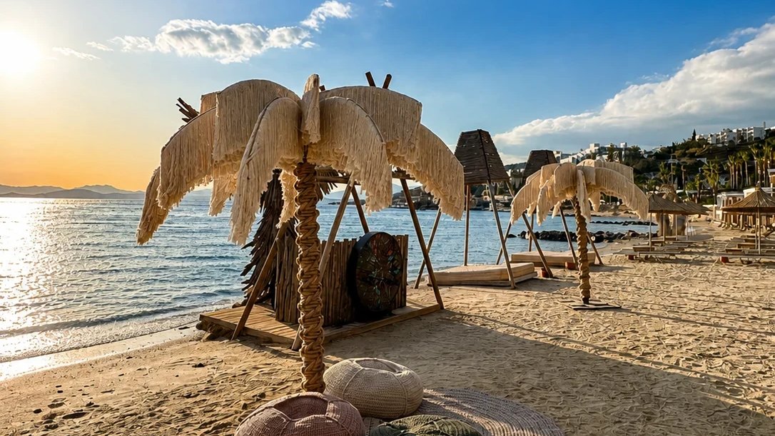 Dimare Palm Trees and rounded woven poufs on the sand beside the sea at TUI Magic Life Bodrum in evening light.