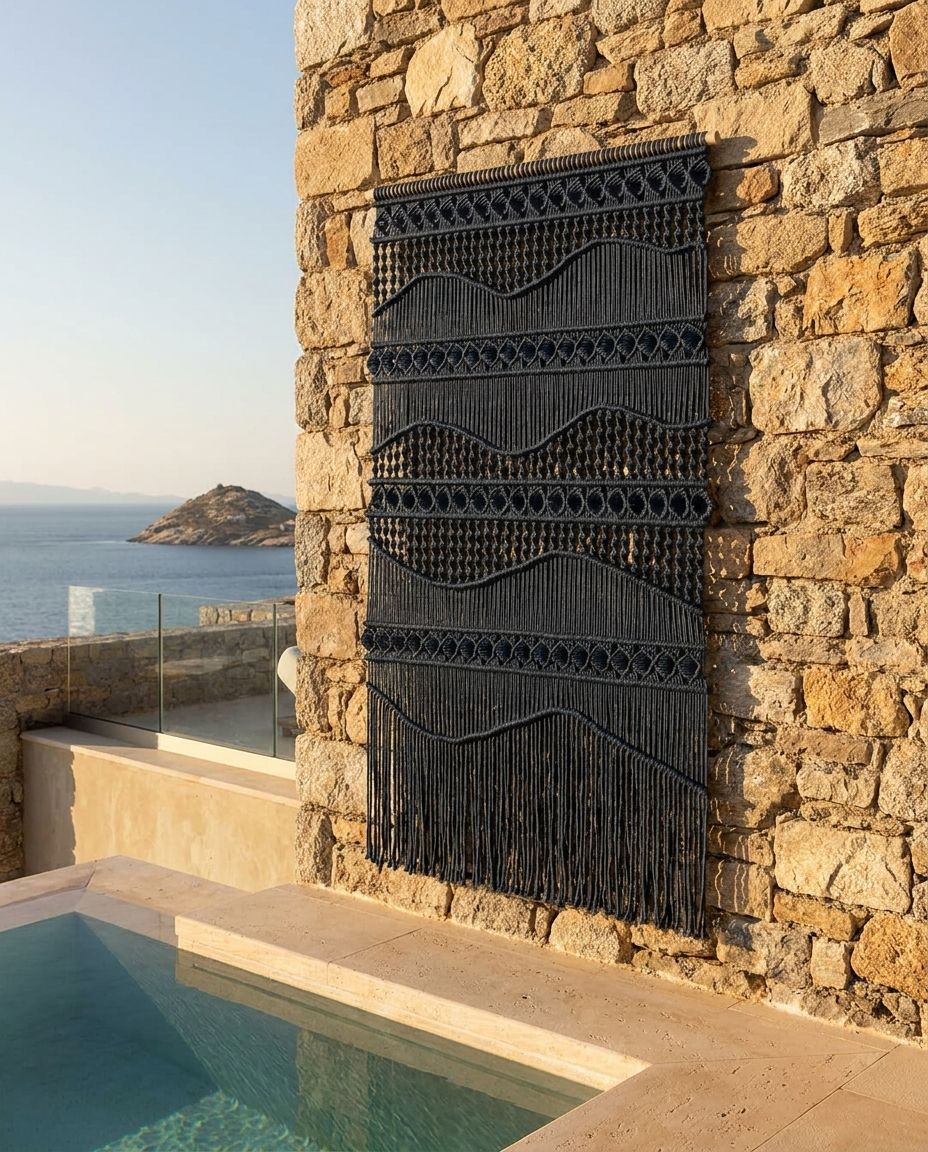 Black Macramé Wave Tapestry