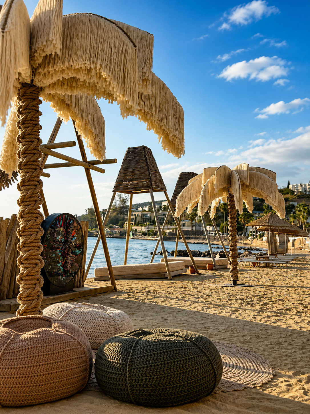 Two Dimare Palm Trees with rope-wrapped trunks and rounded woven poufs on the beach at TUI Magic Life Bodrum.