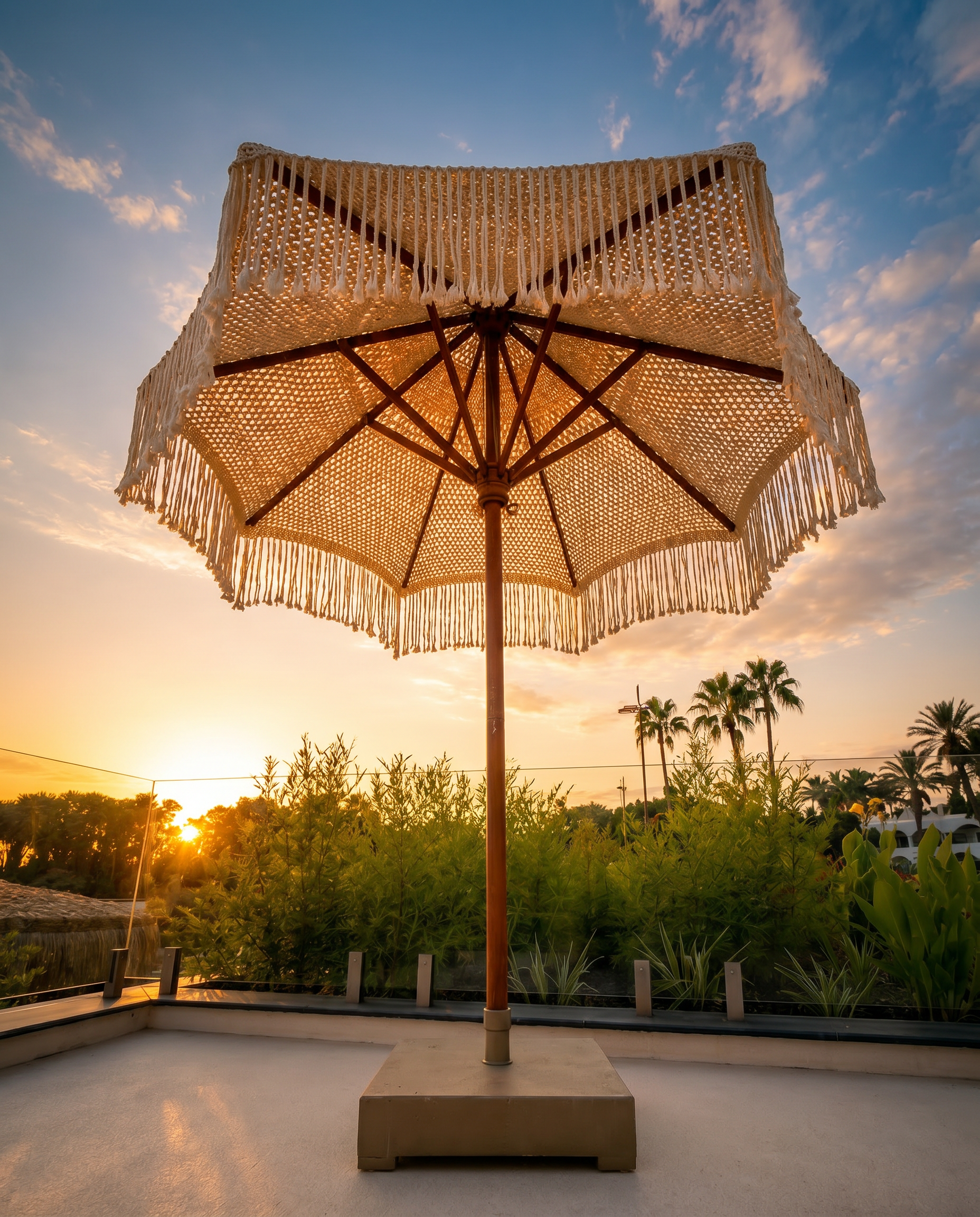 Dimare macramé sun parasol at Adalya Bliss seen from below revealing the hand-knotted canopy at golden hour